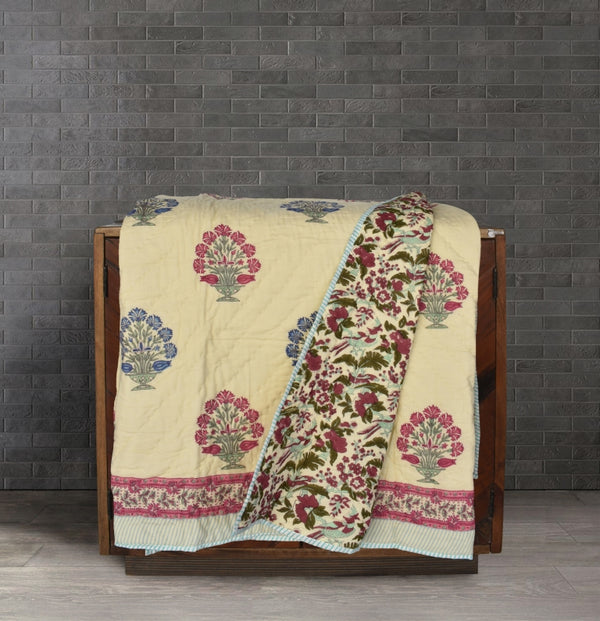 Pink and Blue Harvest Bells (Off-White) - Double Bed Quilt